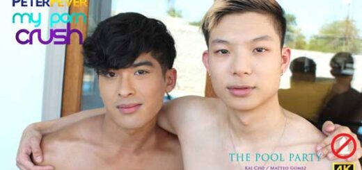 Next day for horny Kai and his porn star dreams, and it's the big Asian pool party. The host introduces his handsome Latin friend, twink pornboi Matteo Gomez, and Kai wastes no time swapping